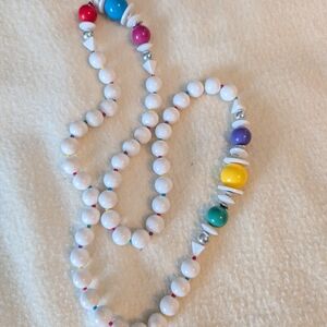 1980's Chunky Colorful Beaded Necklace w/ Multi Colored Thread Between Beads